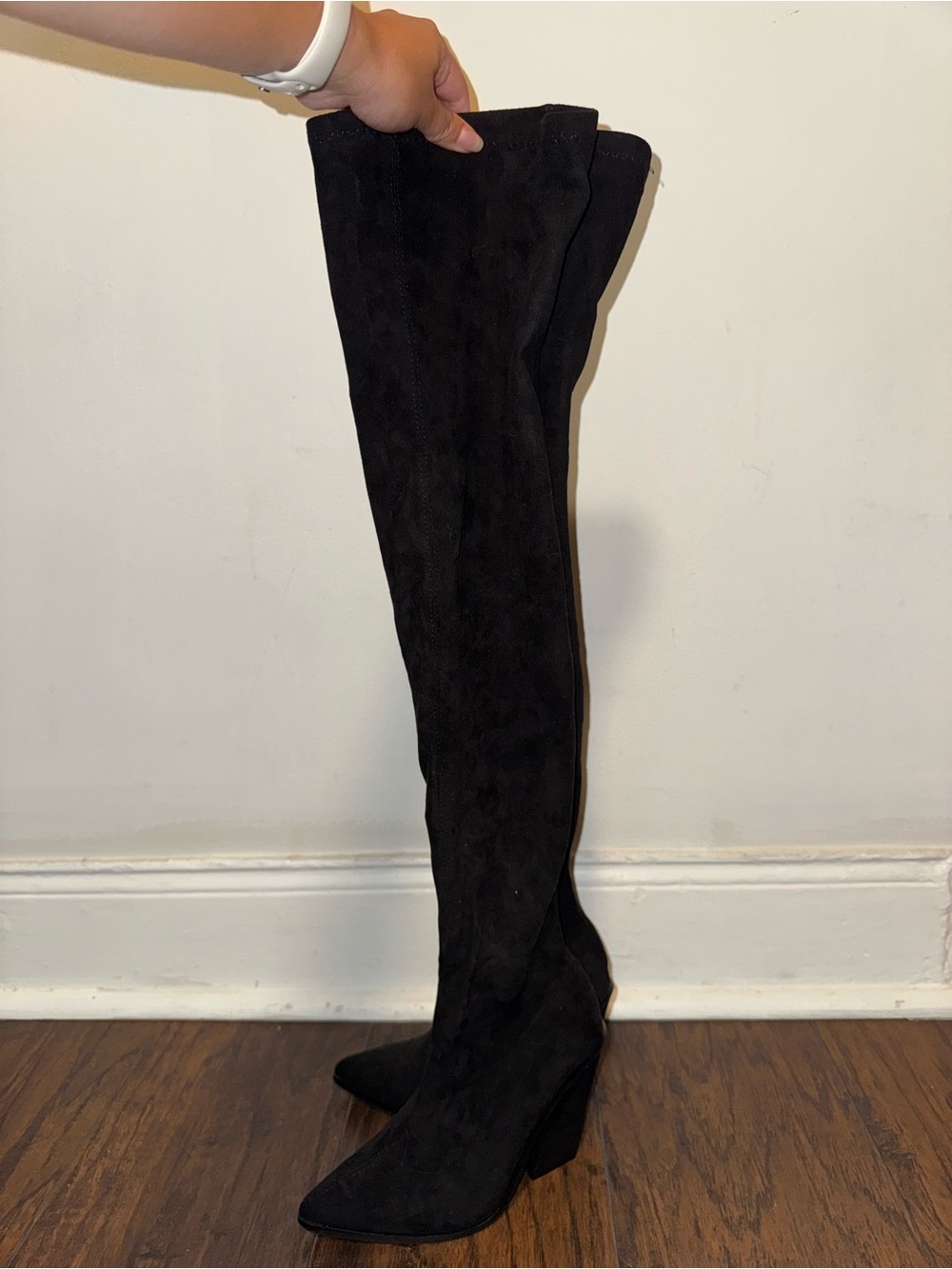 Black Over-the-Knee Suede Heel Boots - Women's